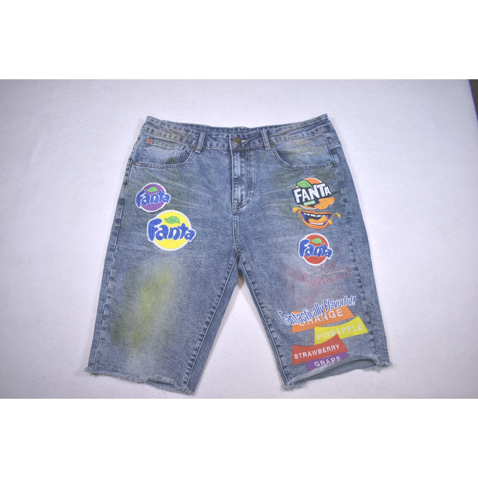 Staple Pigeon X Fanta Mens Blue Denim Shorts Embroidered Patches Size 34